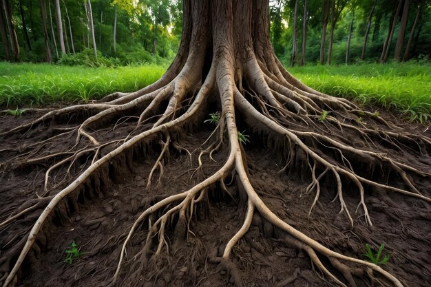 Foto raíces expansivas de los árboles en el suelo rico del bosque
