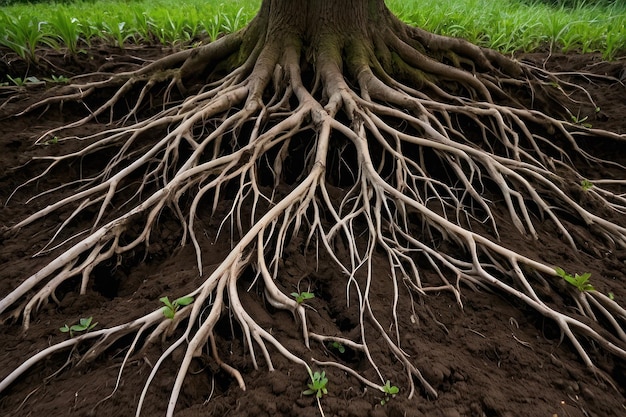 Foto raíces expansivas de los árboles en el suelo rico del bosque