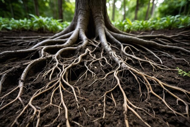 Raíces expansivas de los árboles en el suelo rico del bosque