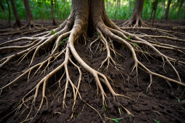 Raíces expansivas de los árboles en el suelo rico del bosque