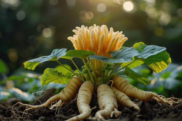 Foto las raíces de ginseng forman los pétalos de una flor en flor cada raíz contribuye a la salud y la belleza de la flor