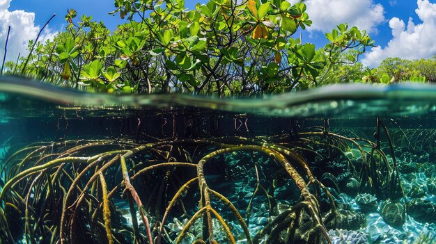 Foto las raíces de los manglares que se extienden en el agua proporcionan un hábitat vital para la vida marina en los ecosistemas costeros