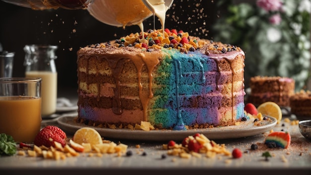 Rainbow Cake captura tomas dinámicas de los ingredientes que se unen la masa que se vierte en las sartenes y