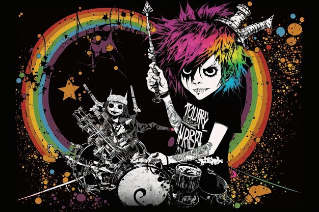 Rainbow glam metal rockstar de Ashley Wood estilizado fresco colorido IA generativo AIG15