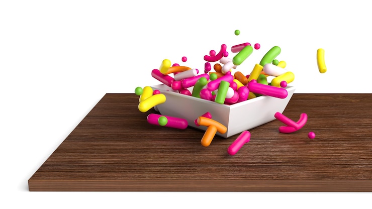 Foto rainbow sprinkles cayendo sobre un tazón de porcelana blanca y una tabla de madera 3d ilustración