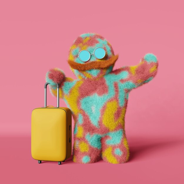 Rainbow Yeti mit gelbem Koffer rosa Hintergrund 3D-Rendering Zeitgenössisches kreatives Werbebanner für Reisereisen