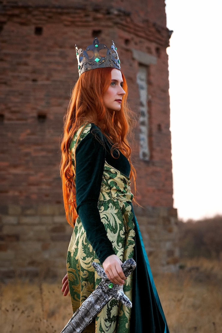 Foto rainha com cabelo ruivo em um vestido verde com uma coroa e uma espada