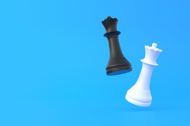Rainha realista em fundo azul brilhante com cópia espaço peça de xadrez 3D render ilustração