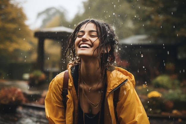 Rainy Bliss Alegre mujer étnica abrazando la lluvia Generativo Ai