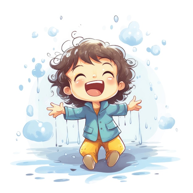 Rainy Day Fun Adorável Criança de desenho animado desfrutando da chuva em ilustração vetorial de estilo Kawaii