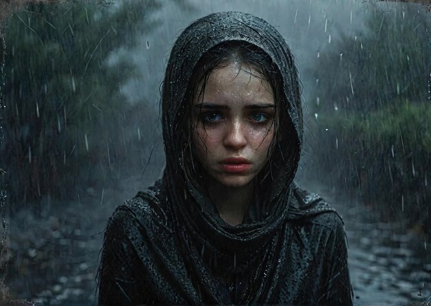 Rainy Melancholy AIGenerated Imagem de uma menina chorosa em uma chuva