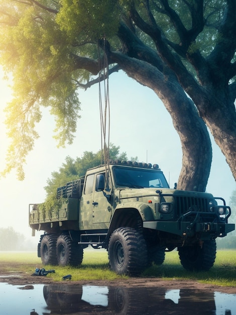 Rainy Roadside Encounter Militärfahrzeug unter einem majestätischen Baum AIGenerated