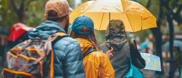 Foto rainy urban expedition-entdecker mit karten-schirm auf der suche nach versteckten edelsteinen