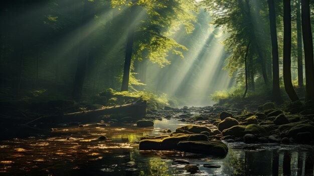 Foto raio de sol através da floresta luz mágica com espaço de texto