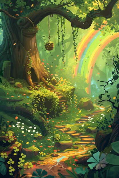 Raio de sol através das árvores arco-íris sobre a floresta árvore mágica casa livro de histórias ilustração bosques encantados