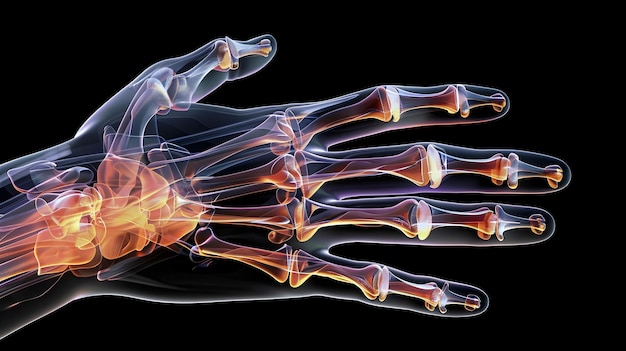 Foto raio-x conceitual de mão transparente destacando a estrutura esquelética e muscular