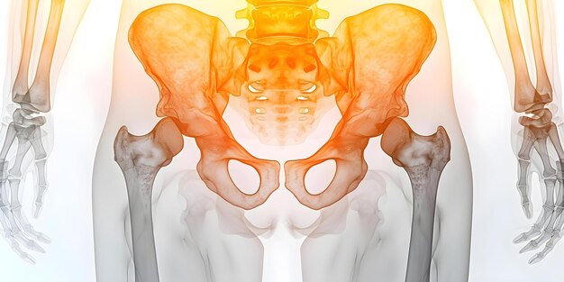 Foto raio-x da articulação do quadril humana com fundo cinzento e destacado em amarelo conceito de raio-x imagem da anatomia humana da articulação do quadril