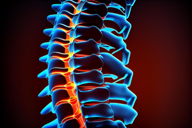 Raio X da coluna vertebral de uma pessoa com a área da coluna iluminada em renderização 3D