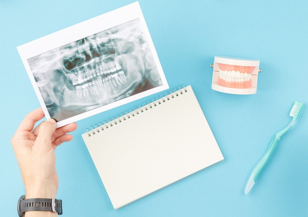 Raio X de dentes com modelo de mandíbula na mesa do dentista