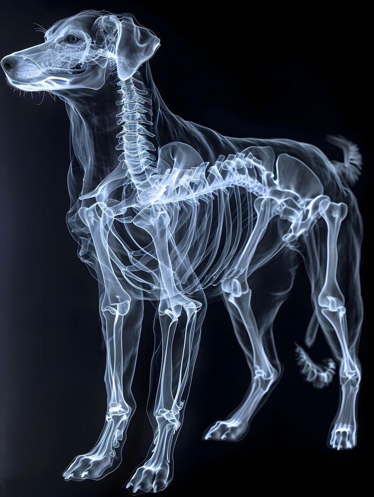 Raio-X veterinário mostrando a anatomia esquelética canina em alta definição