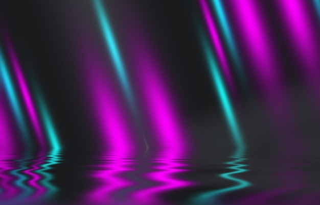 Raios de luz abstratos de néon em um fundo escuro. Efeito de luz, show de laser, reflexão de superfície. Radiação ultravioleta, boate. Ilustração 3D