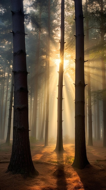 Raios de luz espetaculares do sol da manhã na floresta Floresta verde durante um lindo dia quente de verão generativo AI