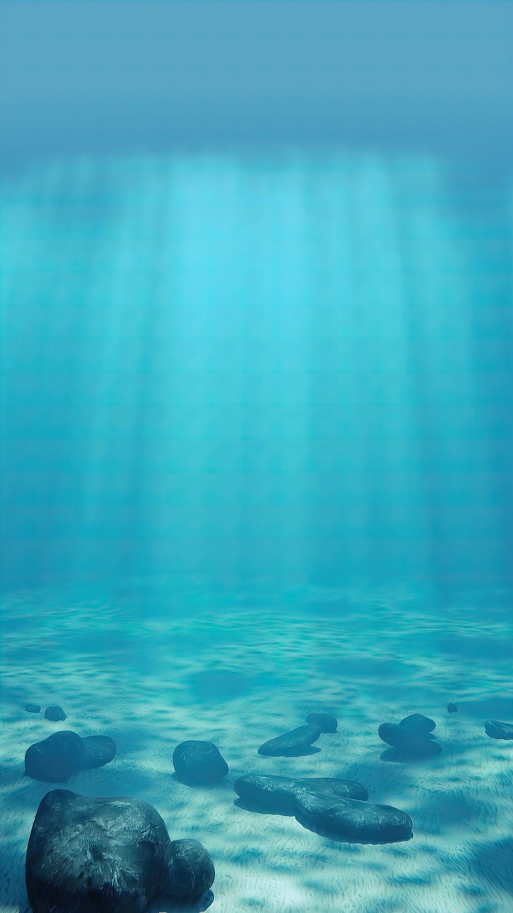 Foto raios de luz subaquáticos iluminam o fundo do oceano arenoso com algumas rochas renderizadas em 3d