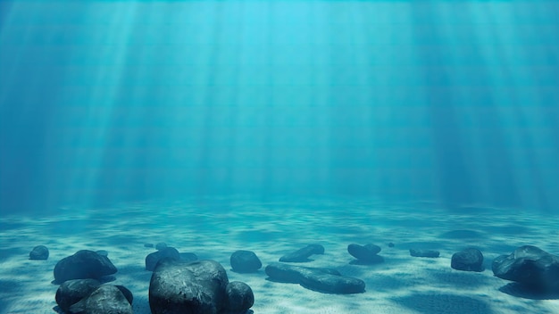 Raios de luz subaquáticos iluminam o fundo do oceano arenoso com algumas rochas renderizadas em 3D