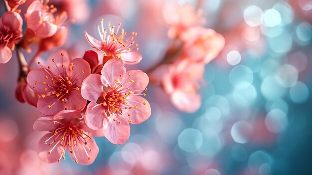 Raios de raios solares dourados da manhã brilhando através dos galhos das cerejeiras rosa sakura na primavera