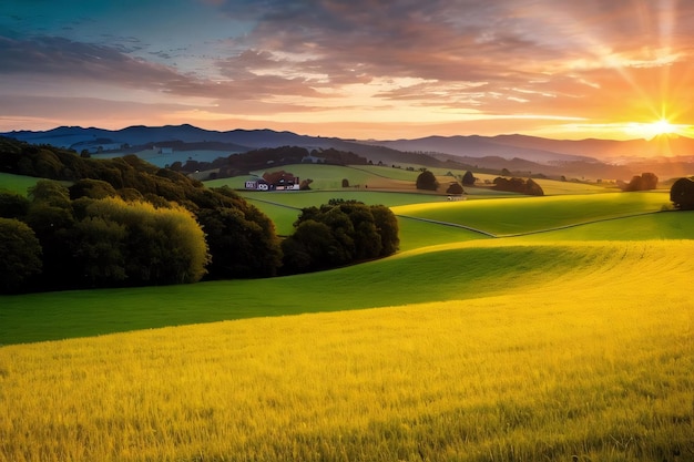 Raios de sol ao amanhecer sobre campos verdes