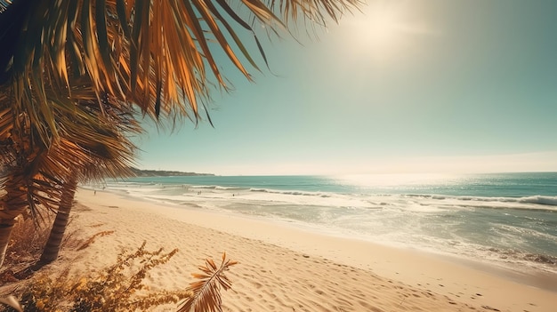 Raios de sol, luz e palma da folha, areia dourada, praia, closeup, água do mar, céu azul, Generative Ai