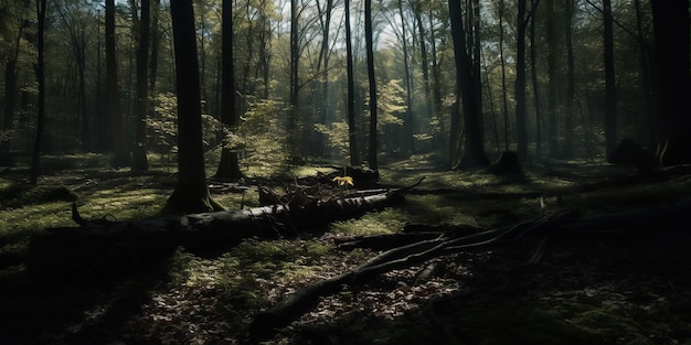 Raios de sol na floresta escura Árvore da floresta profunda Manhã na floresta colorida com raios de sol através de galhos de árvores Bela floresta com várias árvores Generative AI