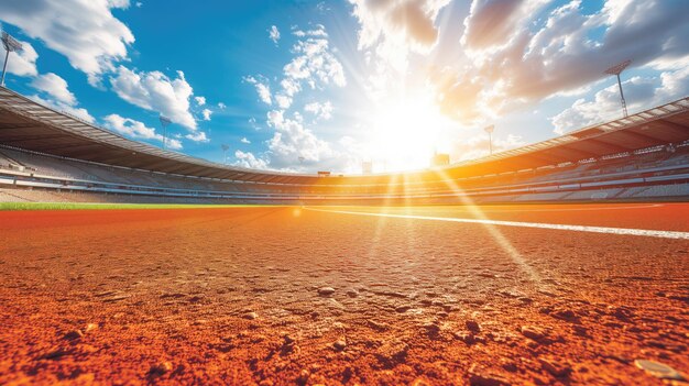 Raios de sol radiando sobre uma pista de corrida vermelha em um estádio