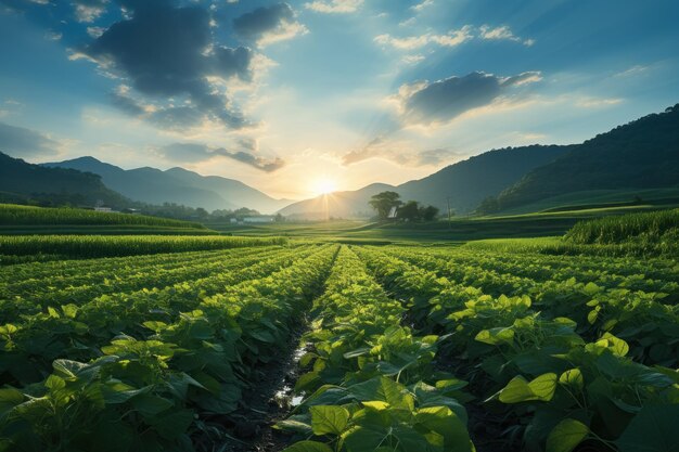 Raios de sol radiantes sobre campos de arroz verdes bela imagem do nascer do sol