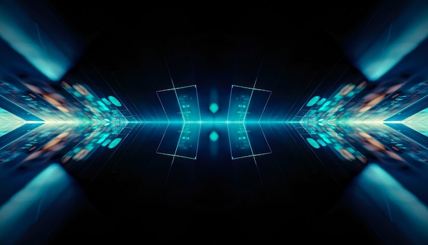 Raios e linhas de transferência de dados de data center de fundo futurista azul abstrato neon azul Reflexão de luz no espaço Ilustração 3D de cena vazia futurista escura