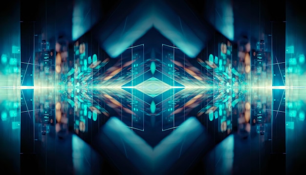 Raios e linhas de transferência de dados de data center de fundo futurista azul abstrato neon azul Reflexão de luz no espaço Ilustração 3D de cena vazia futurista escura