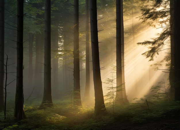 Raios espetaculares da luz do sol da manhã na floresta durante um belo dia quente generativo AI