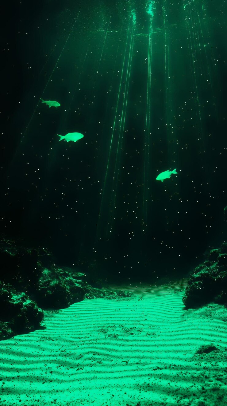 Foto raios solares subaquáticos e peixes
