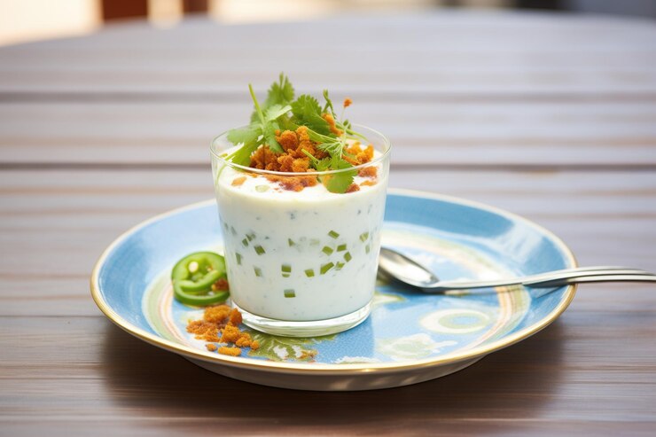Raita con guarnición de okra frita y una salpicadura de chaat masala