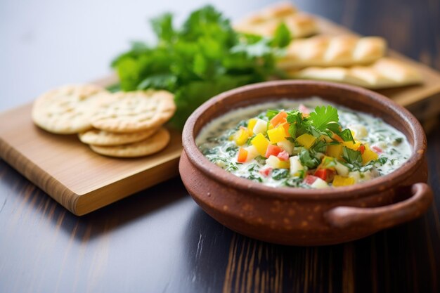 Raita mit Boondi in einem Tontopf mit Fladenbrot