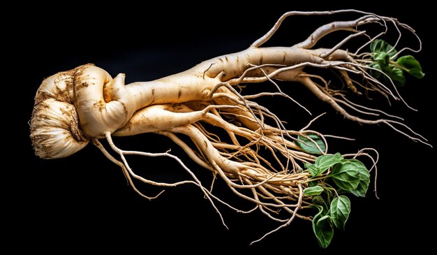 Raiz de ginseng isolada em fundo escuro tempo saudável AI gerado