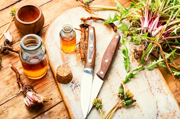 Raíz de diente de león en la medicina herbal, mesa de madera