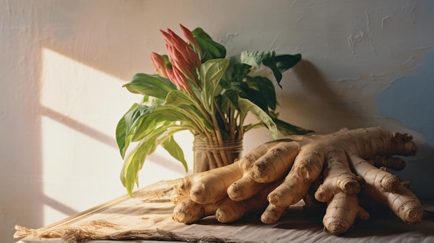 Foto raíz de jengibre fresca en una mesa de madera rústica