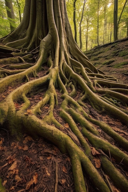 Foto raízes de árvores entrelaçadas em um chão de floresta criado com ia generativa
