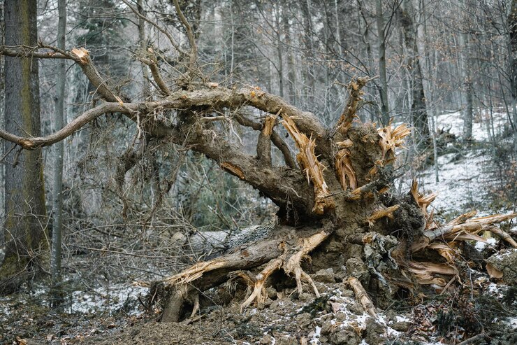 Foto raízes de árvores nuas na floresta durante o inverno