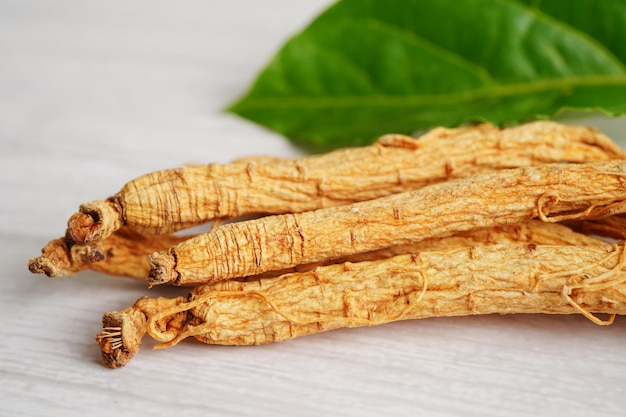 Raízes de ginseng e comida saudável de folha verde