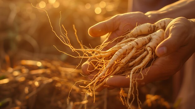 Raízes de ginseng nas mãos de um fazendeiro em close de luz solar quente