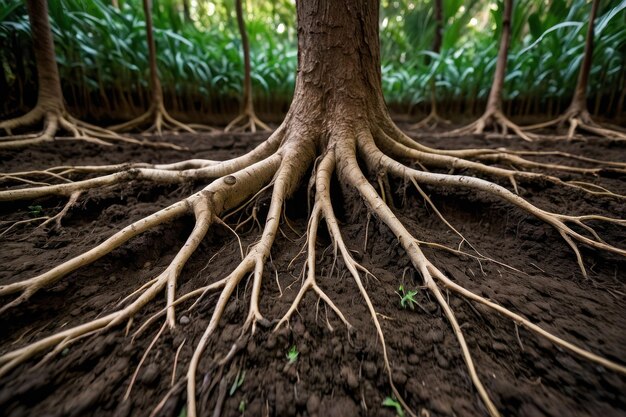 Raízes expansivas de árvores no solo rico da floresta