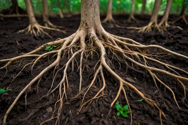 Foto raízes expansivas de árvores no solo rico da floresta