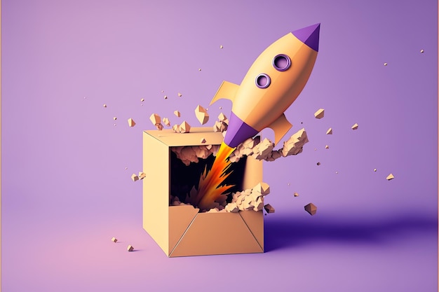 Rakete aus Karton, lila Hintergrund. Generative KI